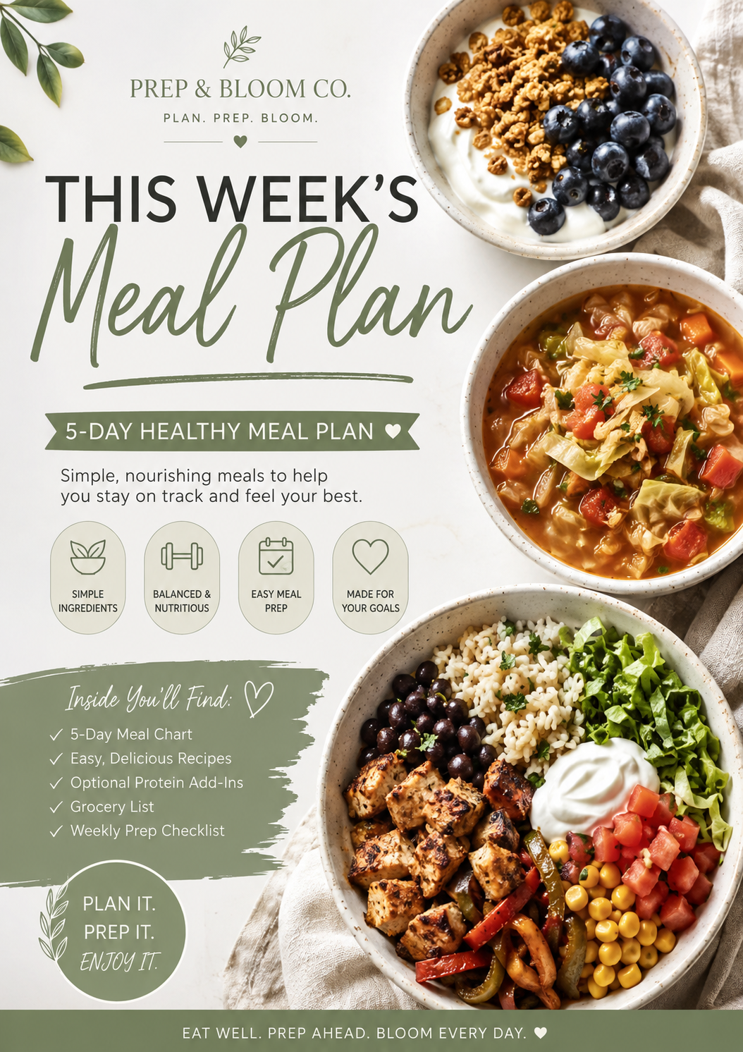 Healthy Meal Prep Plan | Easy Meal Plan with Recipes,Grocery List & Calorie Guide for 1, 5 Day week.